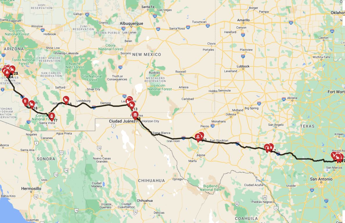 Motorhome trip route from Austin to Phoenix